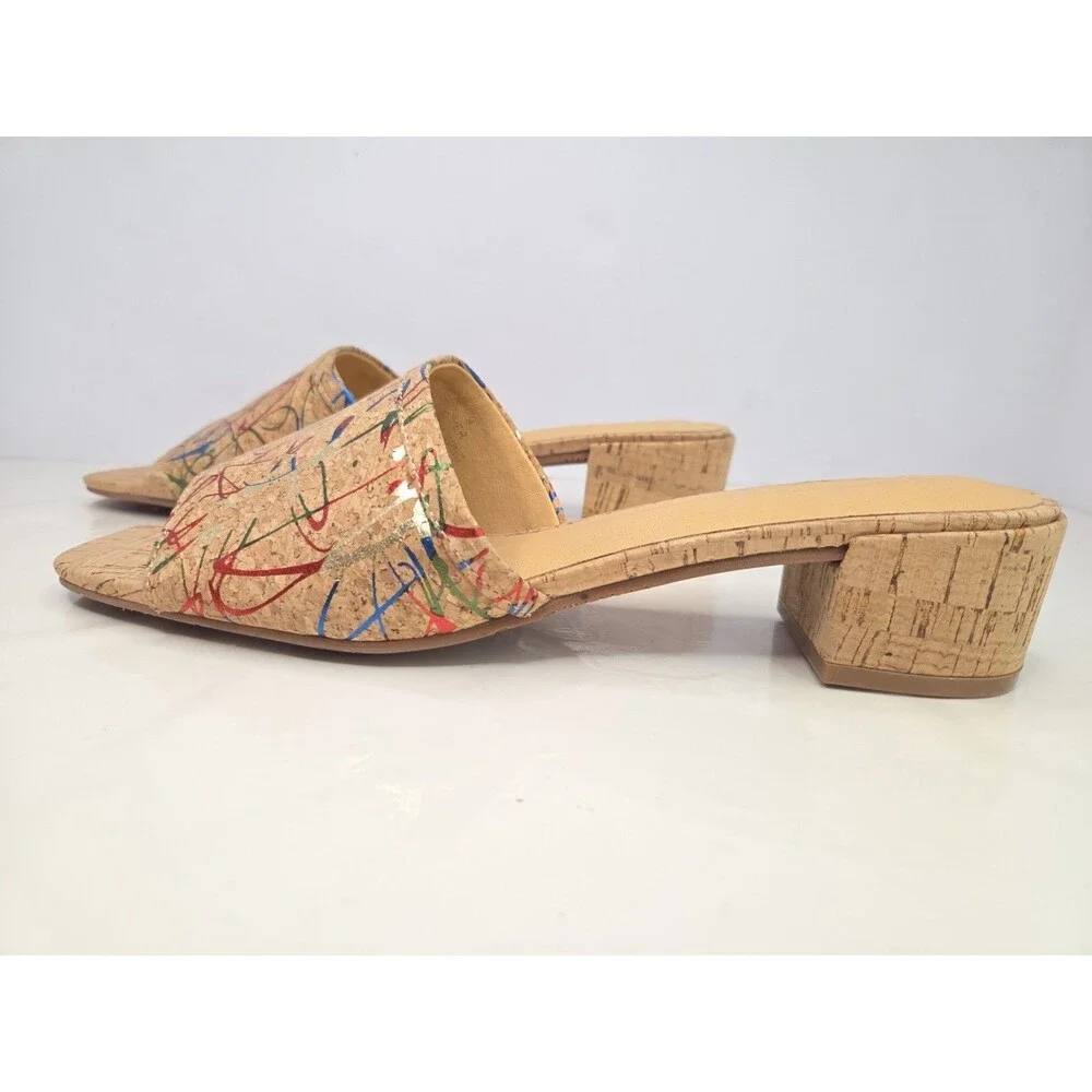 Chocolat Blu Cindy Cork Sandals Paint Splatter Graffiti Heeled Mules Sz 9 NWOB